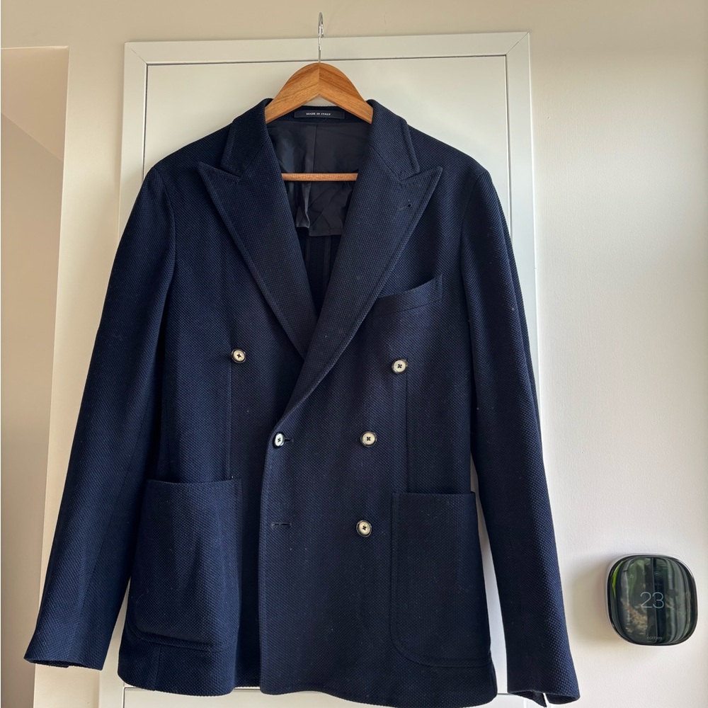 Tagliatore Double Breasted Navy Cotton Blazer Peak Lapel EU48R (US38) Made Italy